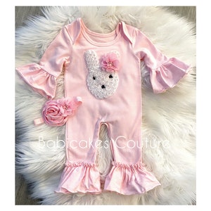 Babys 1st Easter, Easter Bunny Outfit, Pink Bunny Romper, Newborn Easter Outfit, Baby Bunny Outfit, Baby Ruffle Romper, Easter Bunny Layette image 2