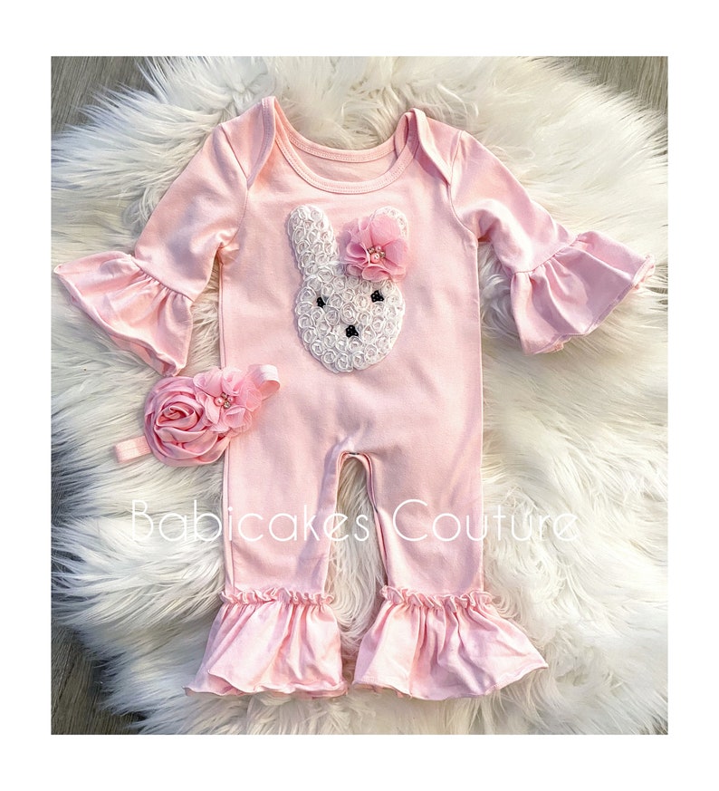 Babys 1st Easter, Easter Bunny Outfit, Pink Bunny Romper, Newborn Easter Outfit, Baby Bunny Outfit, Baby Ruffle Romper, Easter Bunny Layette image 2