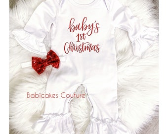 Babys First Christmas Outfit, Babys 1st Christmas Ruffle Romper, Newborn Holiday Outfit, Santa Baby Outfit, Xmas Ruffle Romper, Baby Romper