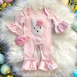 Babys 1st Easter, Easter Bunny Outfit, Pink Bunny Romper, Newborn Easter Outfit, Baby Bunny Outfit, Baby Ruffle Romper, Easter Bunny Layette image 1