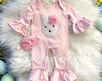 Babys 1st Easter, Easter Bunny Outfit, Pink Bunny Romper, Newborn Easter Outfit, Baby Bunny Outfit, Baby Ruffle Romper, Easter Bunny Layette