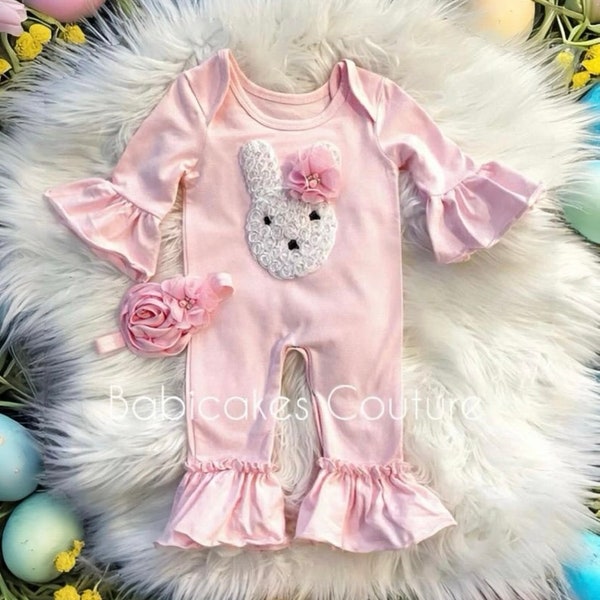 Babys 1st Easter, Easter Bunny Outfit, Pink Bunny Romper, Newborn Easter Outfit, Baby Bunny Outfit, Baby Ruffle Romper, Easter Bunny Layette