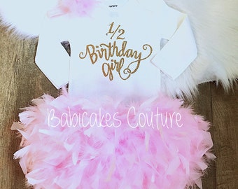 1/2 Birthday Girl Outfit, Half Birthday Outfit Girl, 6 Month Birthday, Half Way to One, Cake Smash, 6 Month Photo, Outfit Pink Feather Tutu