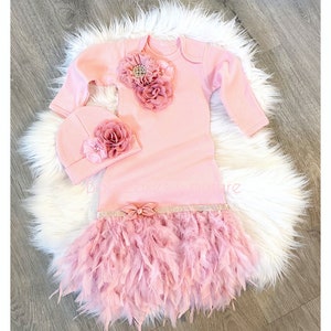 Newborn Girl Take Home Outfit, Feather Baby Gown, Blush Pink Baby Outfit, Coming Home Outfit, Baby Girl Clothes, Fancy Baby Outfit