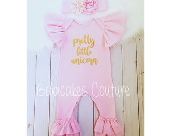 Pretty Little Unicorn, Unicorn Romper, Unicorn Headband, Newborn Photo Outfit, Unicorn Baby Outfit, Newborn Ruffle Romper, Baby Girl Clothes