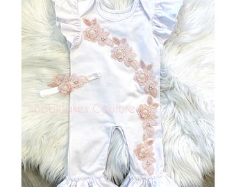 Baby Girl After Christening Outfit, Christening Ruffle Romper & Headband, Naming Outfit, Baptism Outfit, Blessing Outfit White Ruffle Romper