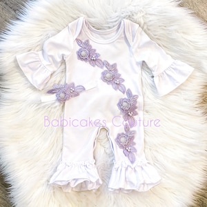 Baby Girl After Christening Outfit, Christening Ruffle Romper, Lavender Lace Ruffle Romper, Naming Outfit, Baptism Outfit, Blessing Outfit