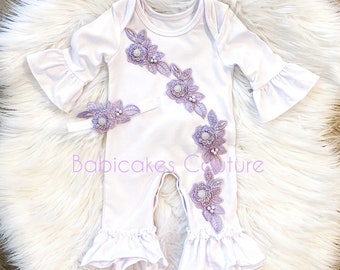 Baby Girl After Christening Outfit, Christening Ruffle Romper, Lavender Lace Ruffle Romper, Naming Outfit, Baptism Outfit, Blessing Outfit