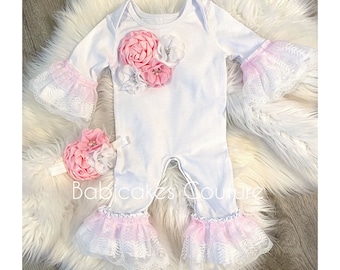 Newborn Girl Take Home Outfit, Coming Home Outfit, Lace Baby Romper, Lace Ruffle Romper, Sip and See Outfit, Pink and White Ruffle Romper