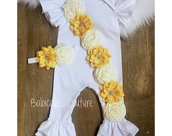 Yellow Ruffle Romper: Newborn Outfit with Rosettes & Headband
