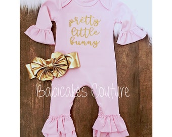Pretty Little Bunny, 1st Easter Outfit, Babys 1st Easter, Newborn Girl Easter Outfit, Pink Take Home Outfit, Baby Ruffle Romper Bunny Outfit
