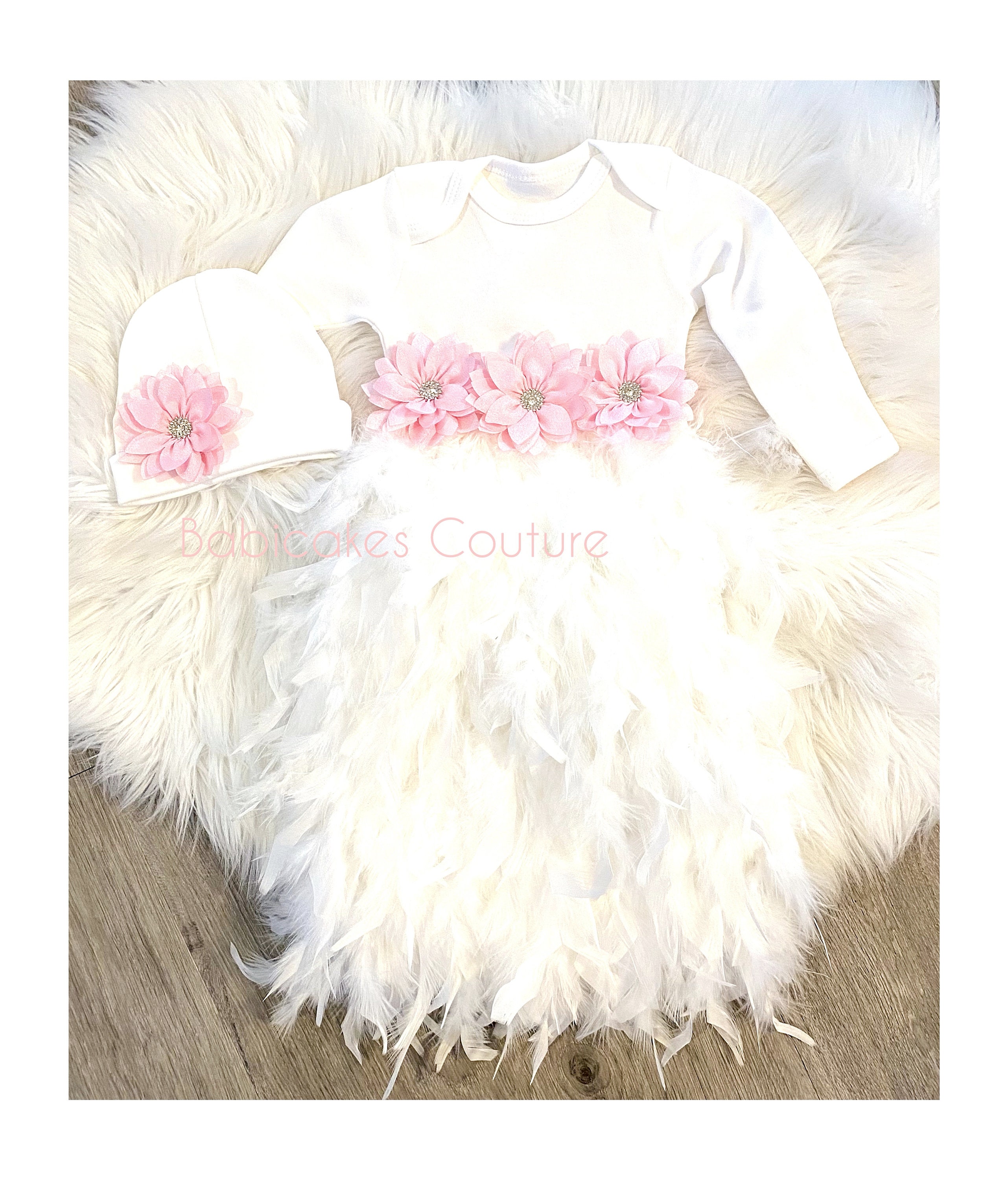 Newborn Girl Feather Gown Pink Flower Take Home Outfit & Beanie