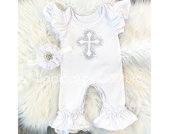 Baby Girl After Christening Outfit, Christening Ruffle Romper & Headband, Naming Outfit, Baptism Outfit, Blessing Outfit White Ruffle Romper