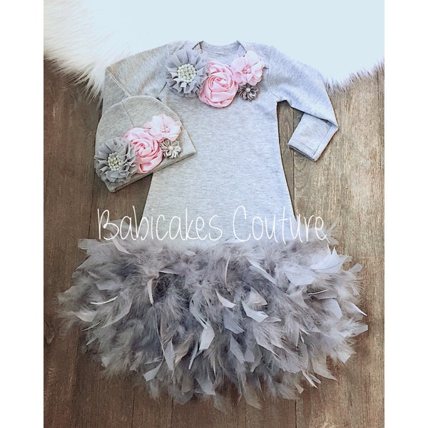 Newborn Girl Take Home Outfit, Feather Baby Gown, Gray Baby Outfit, Coming Home Outfit, Gray Feather Gown, Fancy Baby Outfit Feather Layette