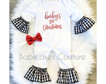 Babys First Christmas Outfit, Santa Baby Newborn Ruffle Romper, Newborn Holiday Outfit, 1st Christmas Outfit, Gingham Romper, Christmas Baby