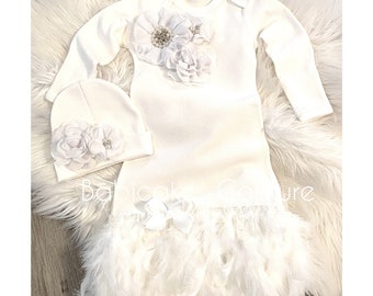 Newborn Girl Take Home Outfit, White Feather Baby Gown, Coming Home Gown, Baby Girl Clothes, Fancy Baby Outfit, Sip & See Outfit, Baby Gift