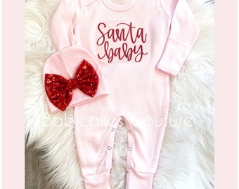 Newborn Girl First Christmas Outfit, Baby’s  First Christmas Romper, Newborn Romper, Newborn Holiday Outfit, Santa Photo Outfit, Pink Romper