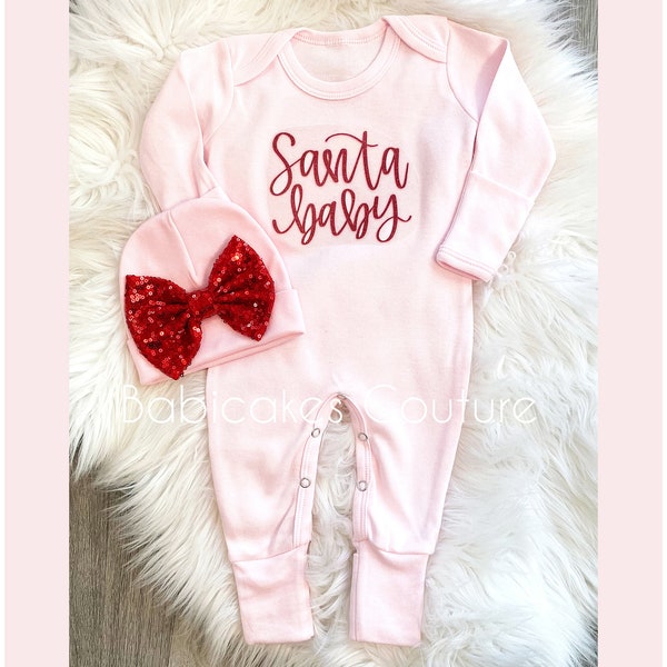 Newborn Girl First Christmas Outfit, Baby’s  First Christmas Romper, Newborn Romper, Newborn Holiday Outfit, Santa Photo Outfit, Pink Romper