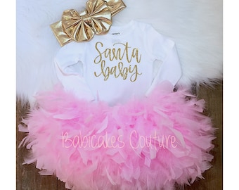 1st Christmas Outfit, Santa Baby Bodysuit, Pink Feather Bloomer, Feather Tutu, Newborn Christmas, Santa Photo Outfit, Pink & Gold Christmas