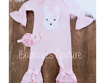 Babys 1st Easter, Easter Bunny Outfit, Pink Bunny Romper, Newborn Easter Outfit, Pink Bunny Outfit, Baby Ruffle Romper, Easter Bunny Outfit