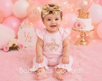 Half Birthday Girl Outfit, 6 Month Outfit, Pink Ruffle Romper Girl