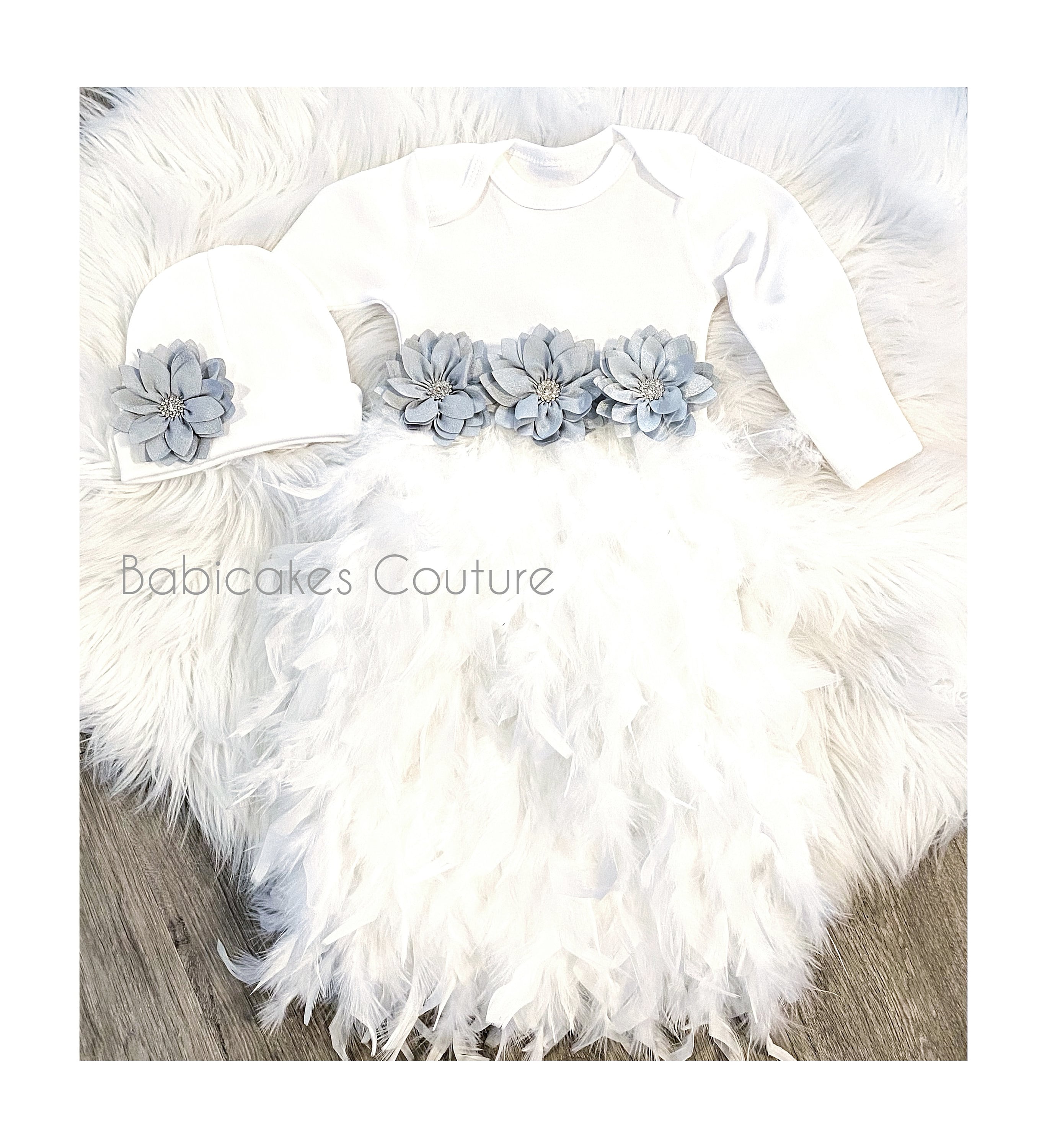 Newborn Girl Feather Gown White & Gray Floral Take Home Outfit