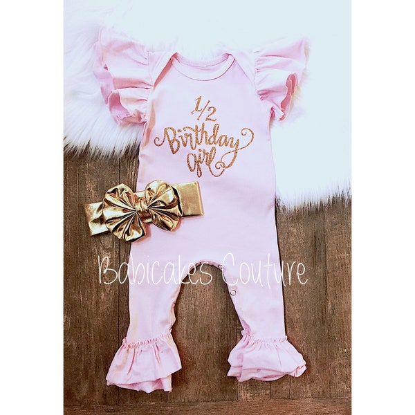 1/2 Birthday Girl Outfit, 6mos Birthday Girl Outfit, Half Birthday Outfit, Pink Ruffle Romper, Pink Baby Romper, 1/2 Birthday Ruffle Romper