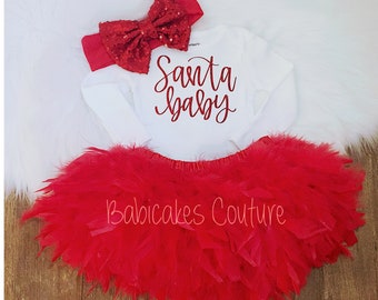 1st Christmas Outfit, Santa Baby Bodysuit, Red Feather Bloomer, Feather Tutu, Baby's 1st Christmas, Santa Photo Outfit, Holiday Outfit