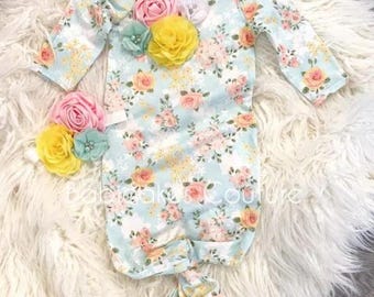Floral Bamboo Knotted Baby Gown: Newborn Take Home Outfit