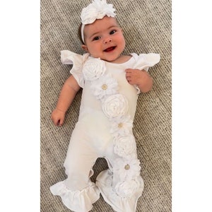 Baby Girl After Christening Outfit, Christening Ruffle Romper & Headband, Naming Outfit, Baptism Outfit, Blessing Outfit White Ruffle Romper