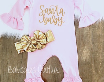 Santa Baby Romper, 1st Christmas Outfit, Christmas Ruffle Romper, Santa Baby Outfit, Pink Ruffle Romper, Santa Photo Outfit, Holiday Outfit