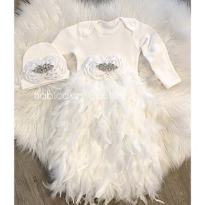 Newborn Girl Take Home Outfit, White Feather Baby Gown, Coming Home Gown, Rhinestone Gown, Baptism Gown, Sip & See Outfit, Christening Gown