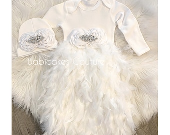 Newborn Girl Take Home Outfit, White Feather Baby Gown, Coming Home Gown, Rhinestone Gown, Baptism Gown, Sip & See Outfit, Christening Gown