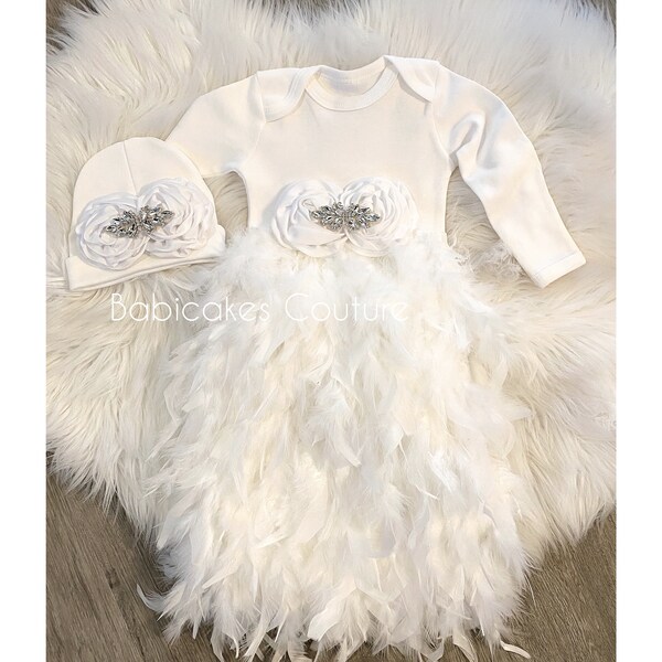 Newborn Girl Take Home Outfit, White Feather Baby Gown, Coming Home Gown, Rhinestone Gown, Baptism Gown, Sip & See Outfit, Christening Gown