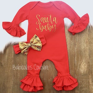 Baby's First Christmas Outfit: Santa Baby Red Ruffle Romper