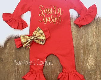 Baby's First Christmas Outfit, Christmas Outfit, Santa Baby, Christmas Romper, Newborn Photo Outfit, Red Ruffle Romper, Santa Photo Outfit