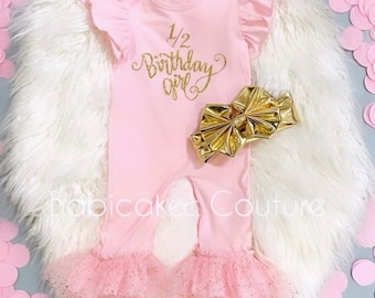 1/2 Birthday Girl Outfit, 6mos Birthday Girl Outfit, Half Birthday Outfit, Pink Ruffle Romper, Pink Baby Romper, 1/2 Birthday Ruffle Romper