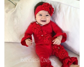 As worn by Kate Hudson's baby Rani Rose! Red Baby Romper, Newborn Girl Coming Home Outfit, Newborn Take Home Outfit, Red Ruffle Romper