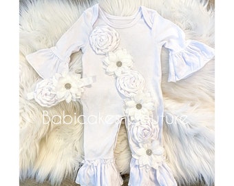 Baby Girl After Christening Outfit, Christening Ruffle Romper & Headband, Naming Outfit, Baptism Outfit, Blessing Outfit White Ruffle Romper