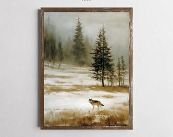 Misty Winter Wolf Landscape Print, Moody Forest Wall Art, Nordic Rustic Wildlife Decor, Snowy Nature Painting, Digital Download