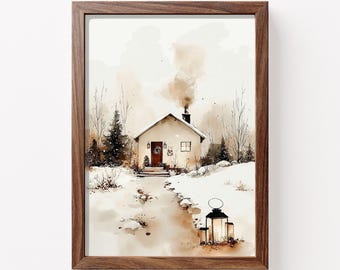 Printable Tiny Cottage House in Snow Art Print, Scandinavian Christmas Wall Art Decor, Farmhouse Digital Download Print