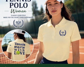Tennispolo Damen Vintage Shirt, "Tennis Starts With Love" Grafikrücken