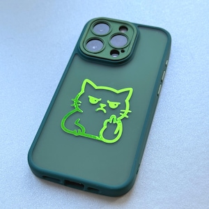 May include: Green phone case with a neon green cat graphic. The cat is giving the middle finger. The case has a green camera lens protector and a green border.