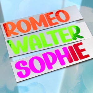 May include: Three rectangular stickers with names in bold, colourful text. The top sticker reads "ROMEO" in orange, the middle sticker reads "WALTER" in green, and the bottom sticker reads "SOPHIE" in pink. The background is a light blue.