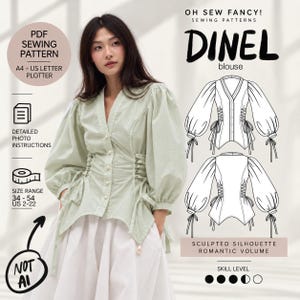 Peut inclure: Un chemisier vert clair avec un col en V, une fermeture boutonnée et des manches volumineuses. Le modèle présente des détails de laçage sur les côtés et un ourlet pointu. L'image contient le texte : OH SEW FANCY! SEWING PATTERNS DINEL blouse.