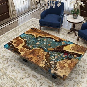 Puede incluir: Una mesa de centro rectangular con un diseño único. La mesa presenta una tapa de madera con un río de resina azul e incrustaciones de conchas marinas. La mesa está rodeada por una alfombra color crema, sillones azules y una lámpara de araña.