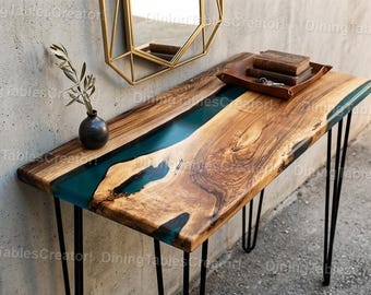 Moderne Teal Epoxy Massivholz Konsolentisch Luxus Live Edge River Tisch Konsole Blauer Epoxidholz Flur Handgemachter Teal Harz Eingangstisch