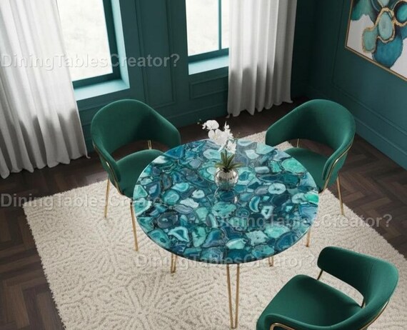 Round Blue Green Agate Gemstone Table Top | Handmade Crystal Mosaic Coffee Table Top Natural Agate Stone Table Gemstone Mosaic Round Table