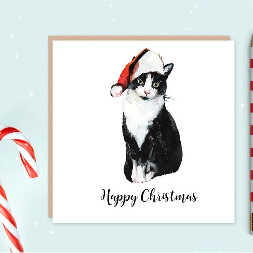 Black and White Cat Christmas Card Christmas Gift for Cat Etsy UK
