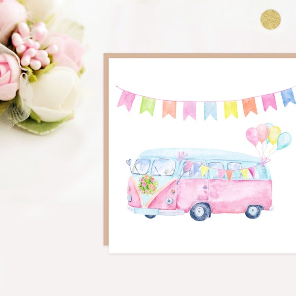 VENTE D’ÉCHANTILLON - Carte de mariage VW Camper Van rose pastel - camping-car vw - camping-car de mariage - vw rose